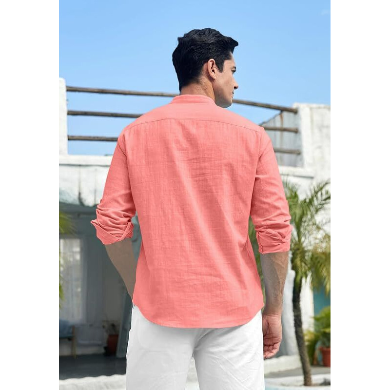 Royalscout Men's Cotton Polyester Blend Solid Regular Fit Full Sleeve Short Kurta Peach