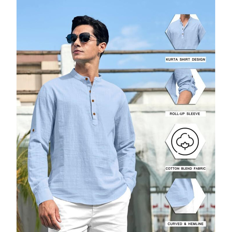 Royalscout Men's Cotton Polyester Blend Solid Regular Fit Full Sleeve Short Kurta Sky