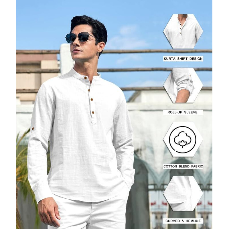 Royalscout Men's Cotton Polyester Blend Solid Regular Fit Full Sleeve Short Kurta White