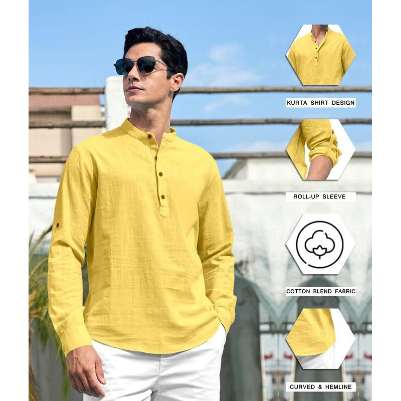 Royalscout Men's Cotton Polyester Blend Solid Regular Fit Full Sleeve Short Kurta Yellow