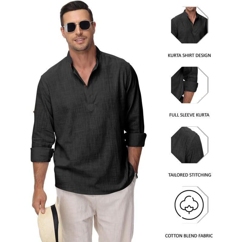 Royalscout Men's Cotton Polyester Blend Solid Regular Fit Full Sleeve Short Kurta Black