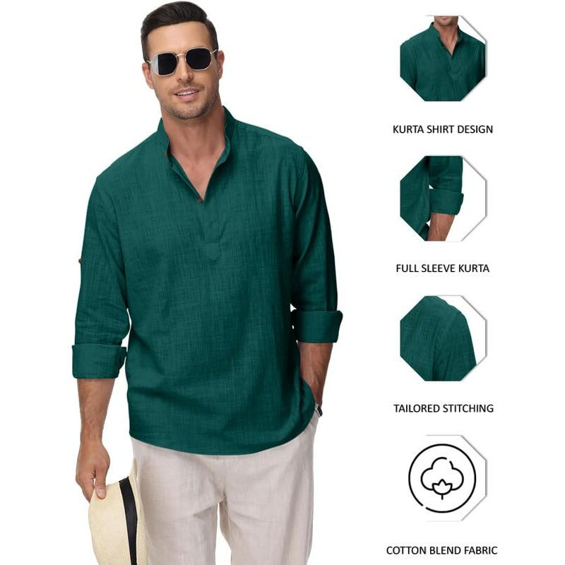 Royalscout Men's Cotton Polyester Blend Solid Regular Fit Full Sleeve Short Kurta Green