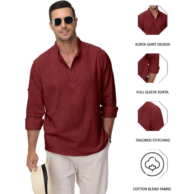 Royalscout Men's Cotton Polyester Blend Solid Regular Fit Full Sleeve Short Kurta Maroon