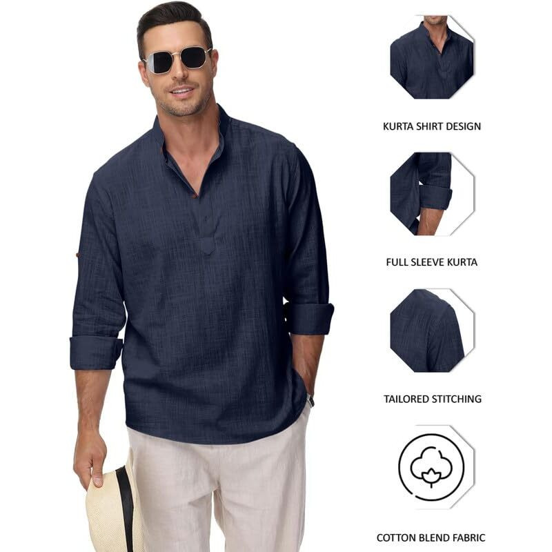 Royalscout Men's Cotton Polyester Blend Solid Regular Fit Full Sleeve Short Kurta Navy