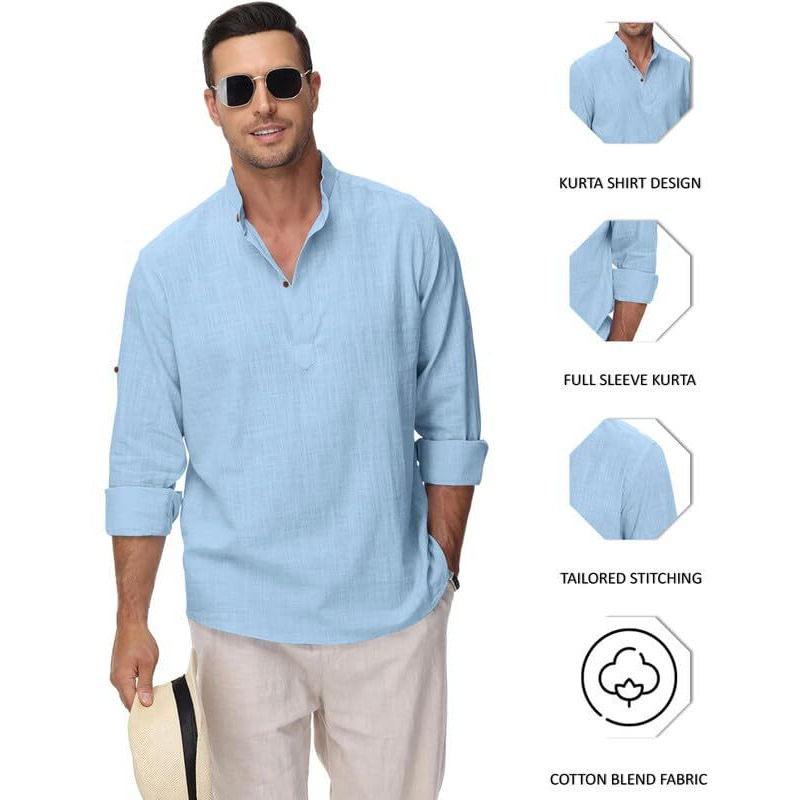 Royalscout Men's Cotton Polyester Blend Solid Regular Fit Full Sleeve Short Kurta Sky