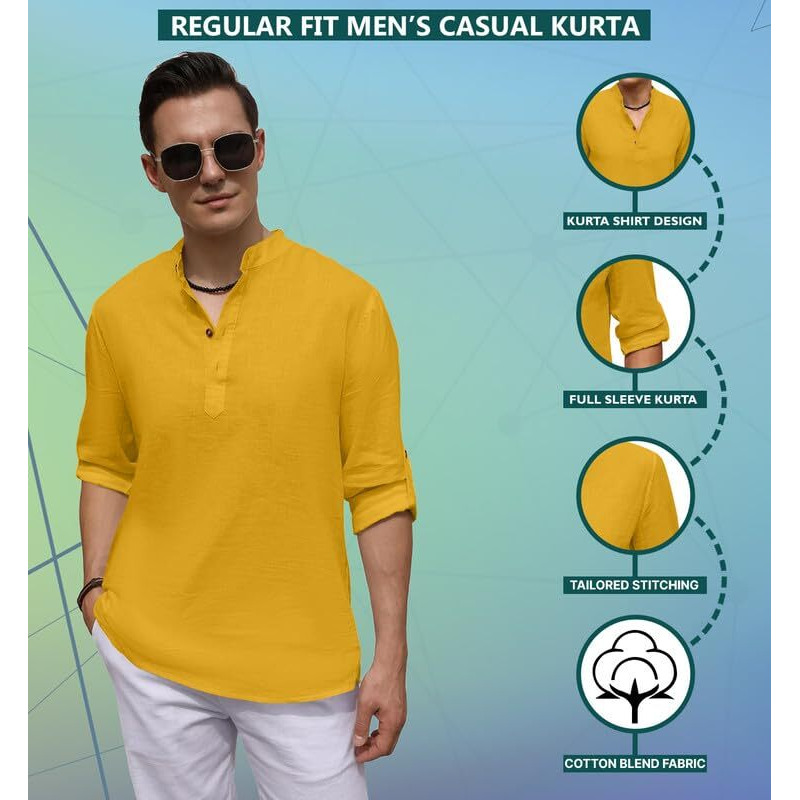 Royalscout Men's Cotton Polyester Blend Solid Regular Fit Full Sleeve Short Kurta Gold