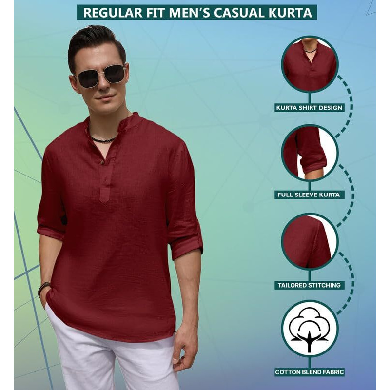 Royalscout Men's Cotton Polyester Blend Solid Regular Fit Full Sleeve Short Kurta Maroon