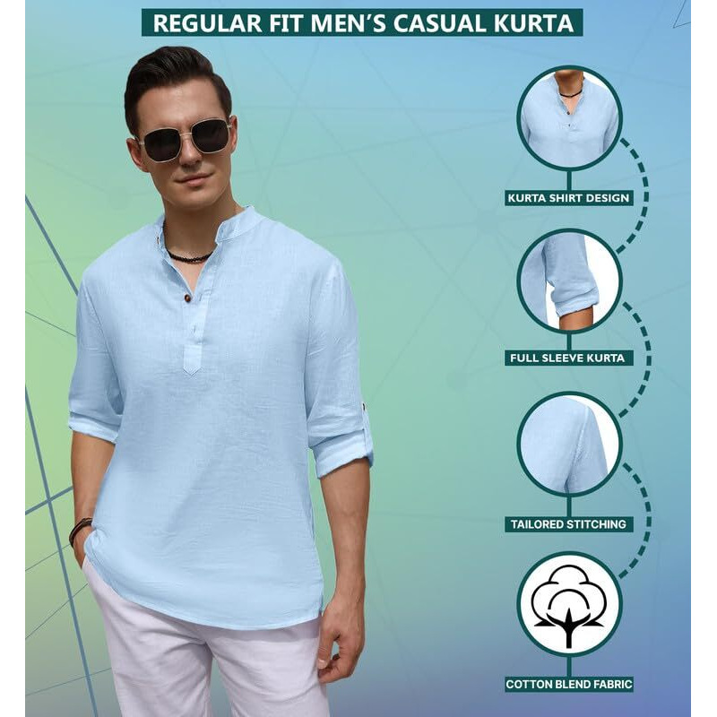 Royalscout Men's Cotton Polyester Blend Solid Regular Fit Full Sleeve Short Kurta Sky