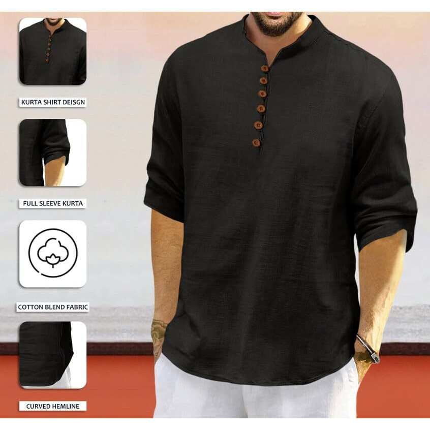 Royalscout Men's Cotton Polyester Blend Solid Regular Fit Full Sleeve Short Kurta Black