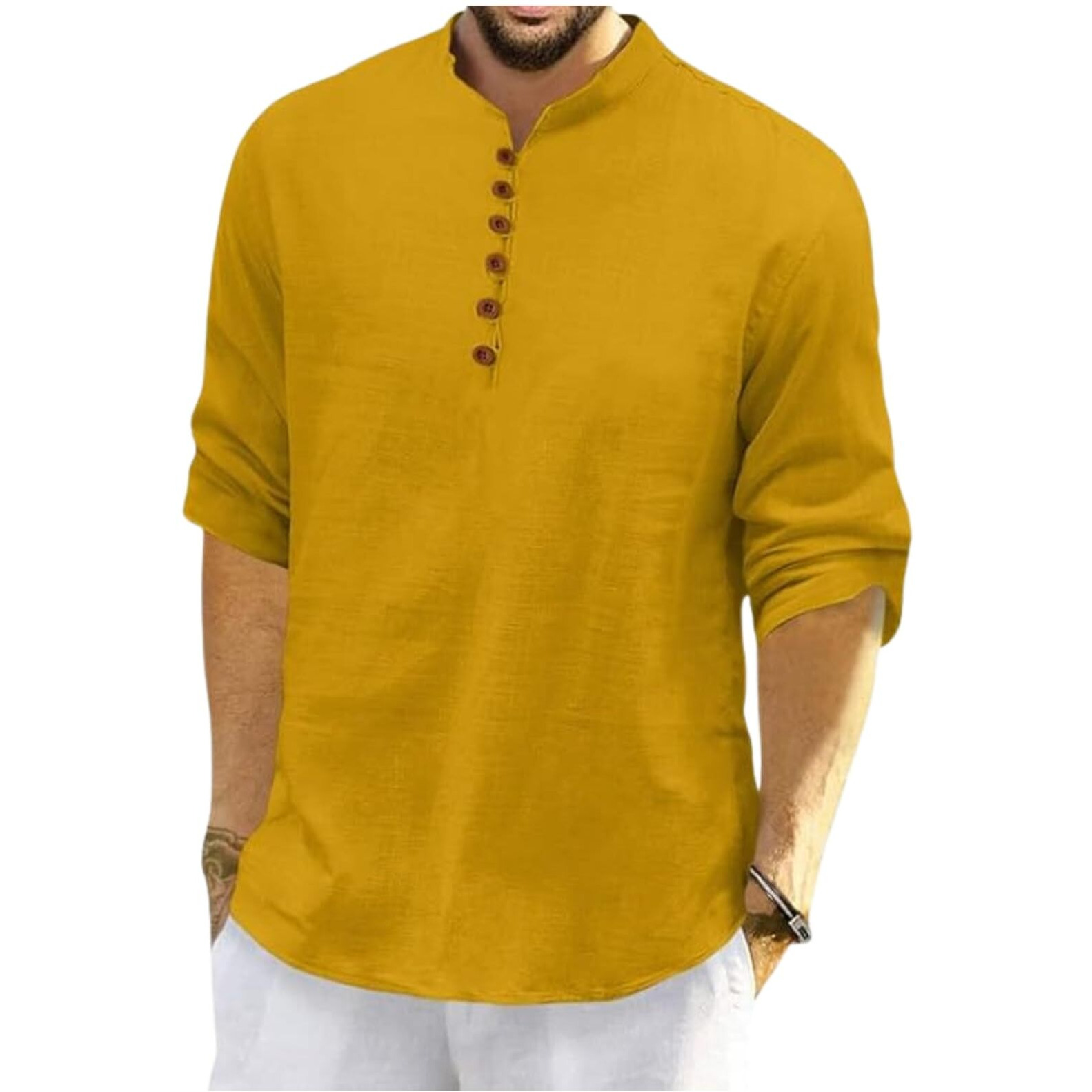 Royalscout Men's Cotton Polyester Blend Solid Regular Fit Full Sleeve Short Kurta Gold