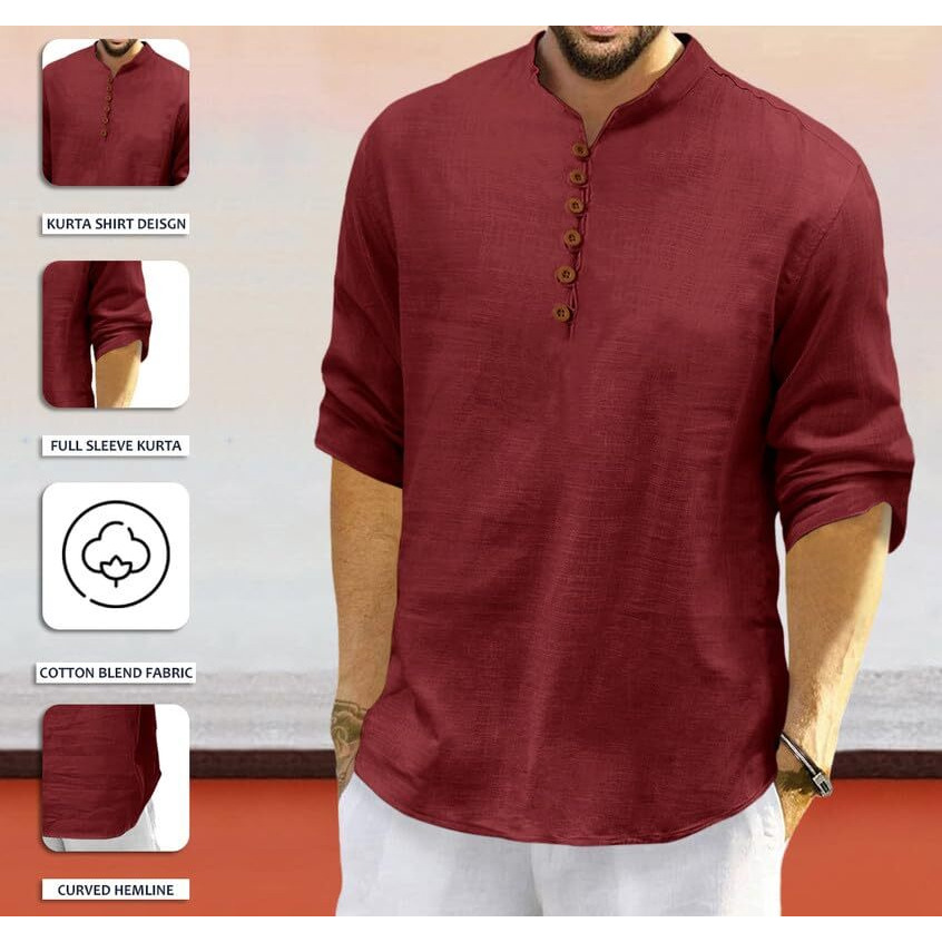Royalscout Men's Cotton Polyester Blend Solid Regular Fit Full Sleeve Short Kurta Maroon