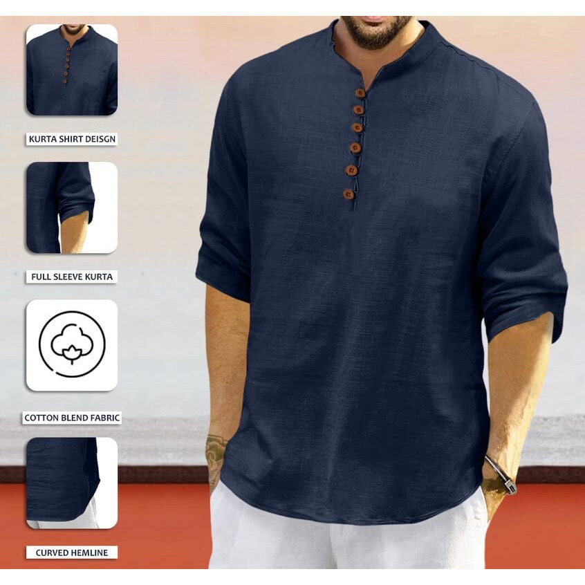 Royalscout Men's Cotton Polyester Blend Solid Regular Fit Full Sleeve Short Kurta Navy