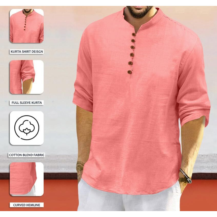 Royalscout Men's Cotton Polyester Blend Solid Regular Fit Full Sleeve Short Kurta Peach