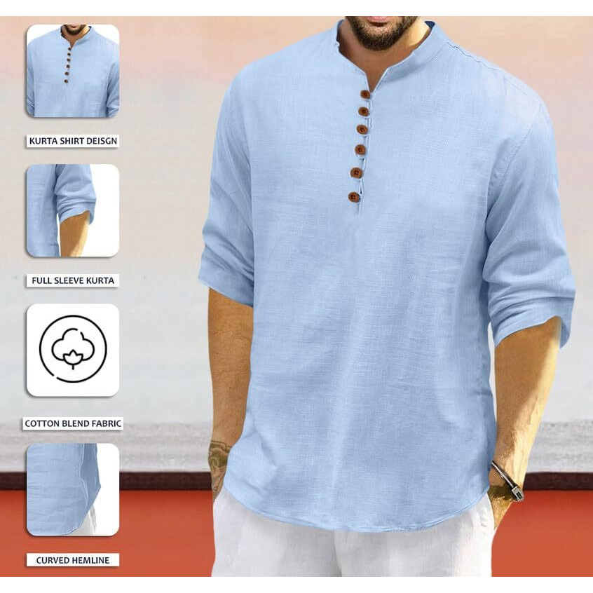 Royalscout Men's Cotton Polyester Blend Solid Regular Fit Full Sleeve Short Kurta Sky