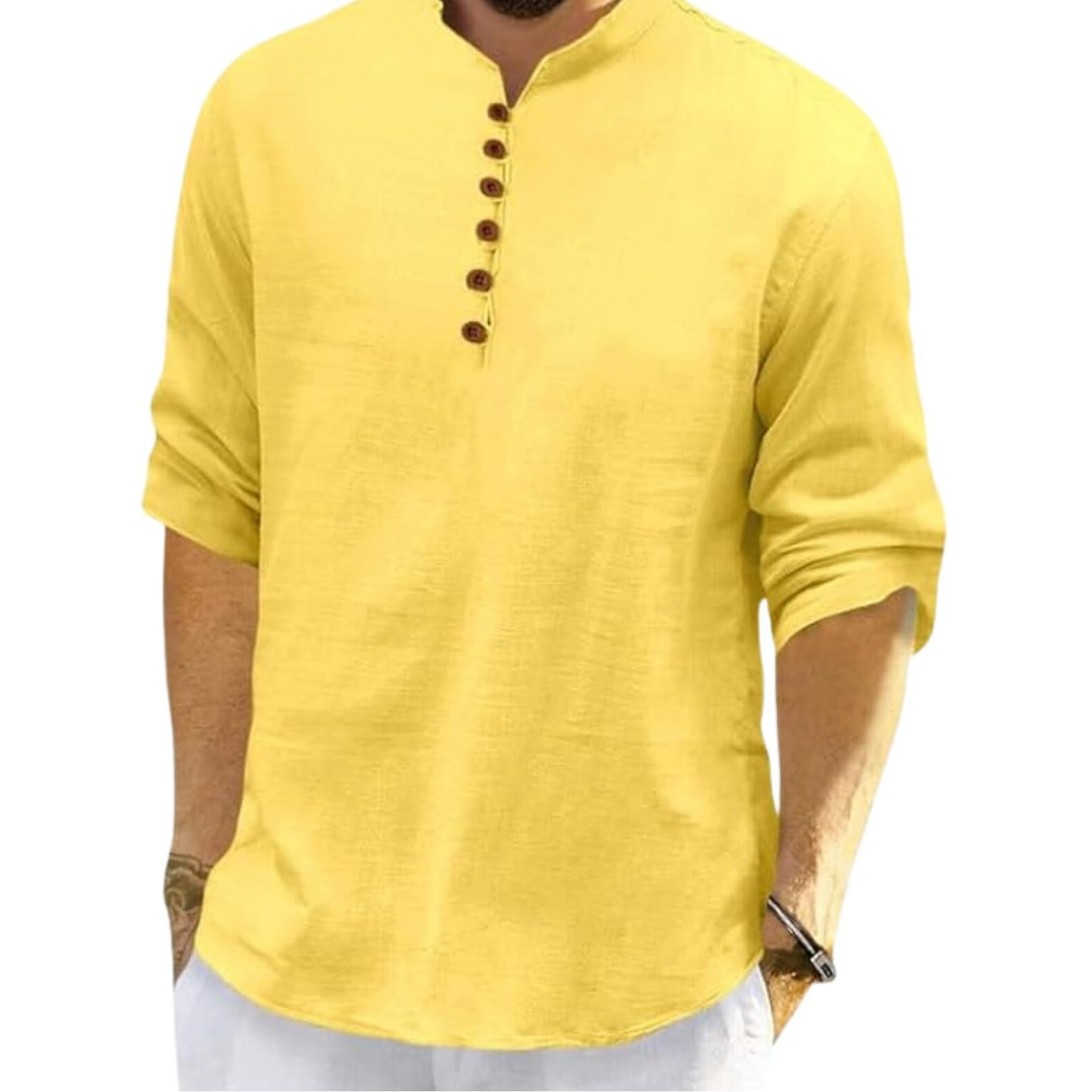 Royalscout Men's Cotton Polyester Blend Solid Regular Fit Full Sleeve Short Kurta Yellow