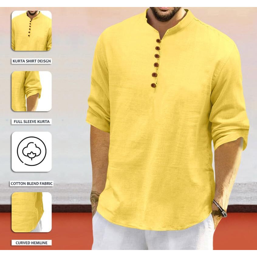Royalscout Men's Cotton Polyester Blend Solid Regular Fit Full Sleeve Short Kurta Yellow