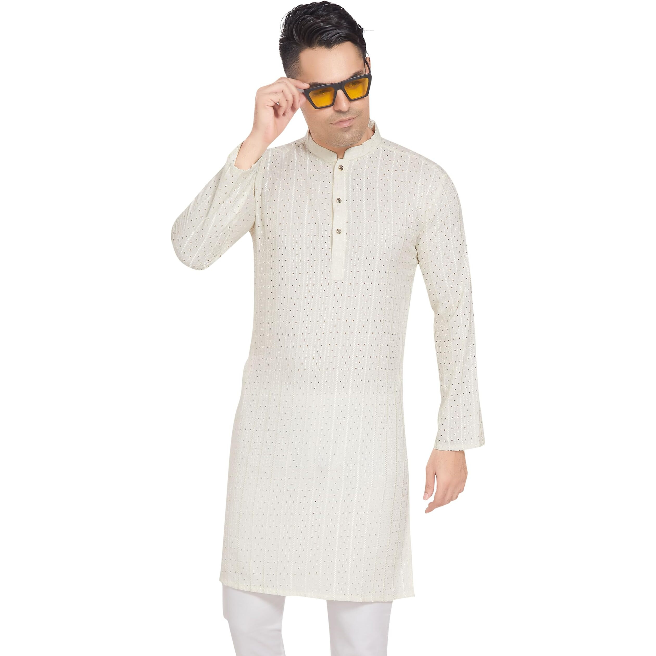 Divisive Men's Embroidered Cotton Blend Only Slim Fit Kurta (Dkrt377_S_Cream)