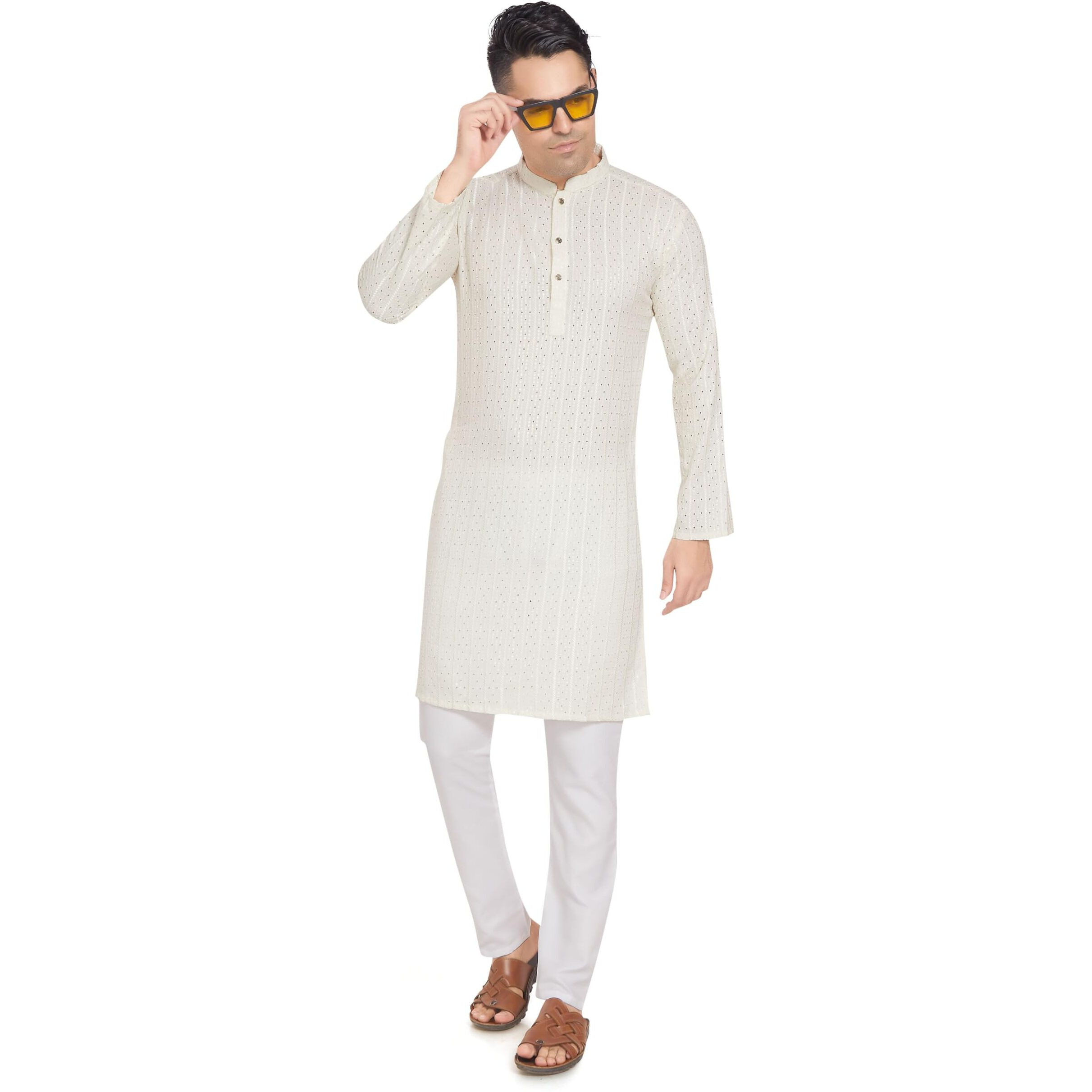 Divisive Men's Embroidered Cotton Blend Only Slim Fit Kurta (Dkrt377_S_Cream)