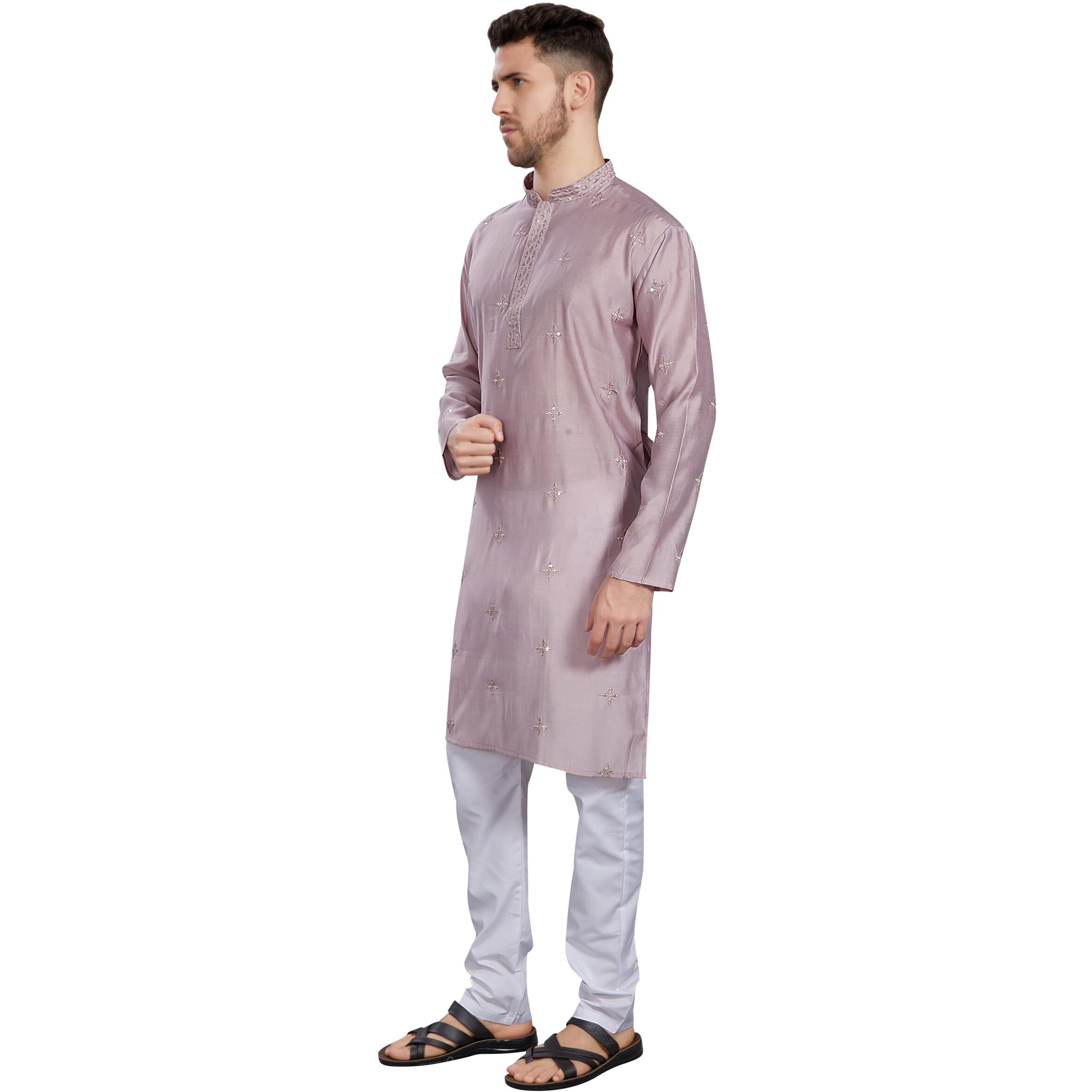 Divisive Men's Embroidered Silk Blend Only Slim Fit Kurta (Dkrt824_S_Lavender)