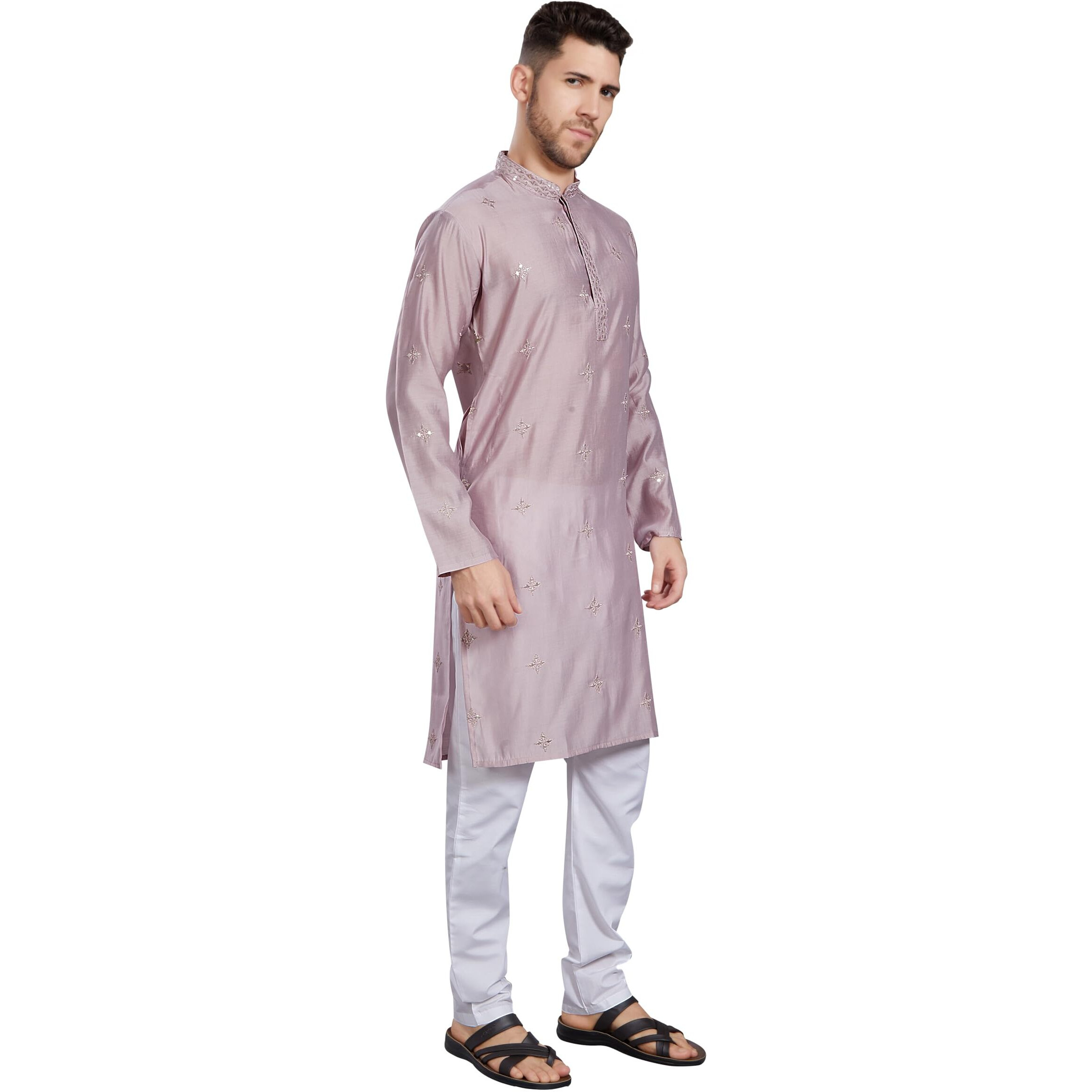 Divisive Men's Embroidered Silk Blend Only Slim Fit Kurta (Dkrt824_S_Lavender)