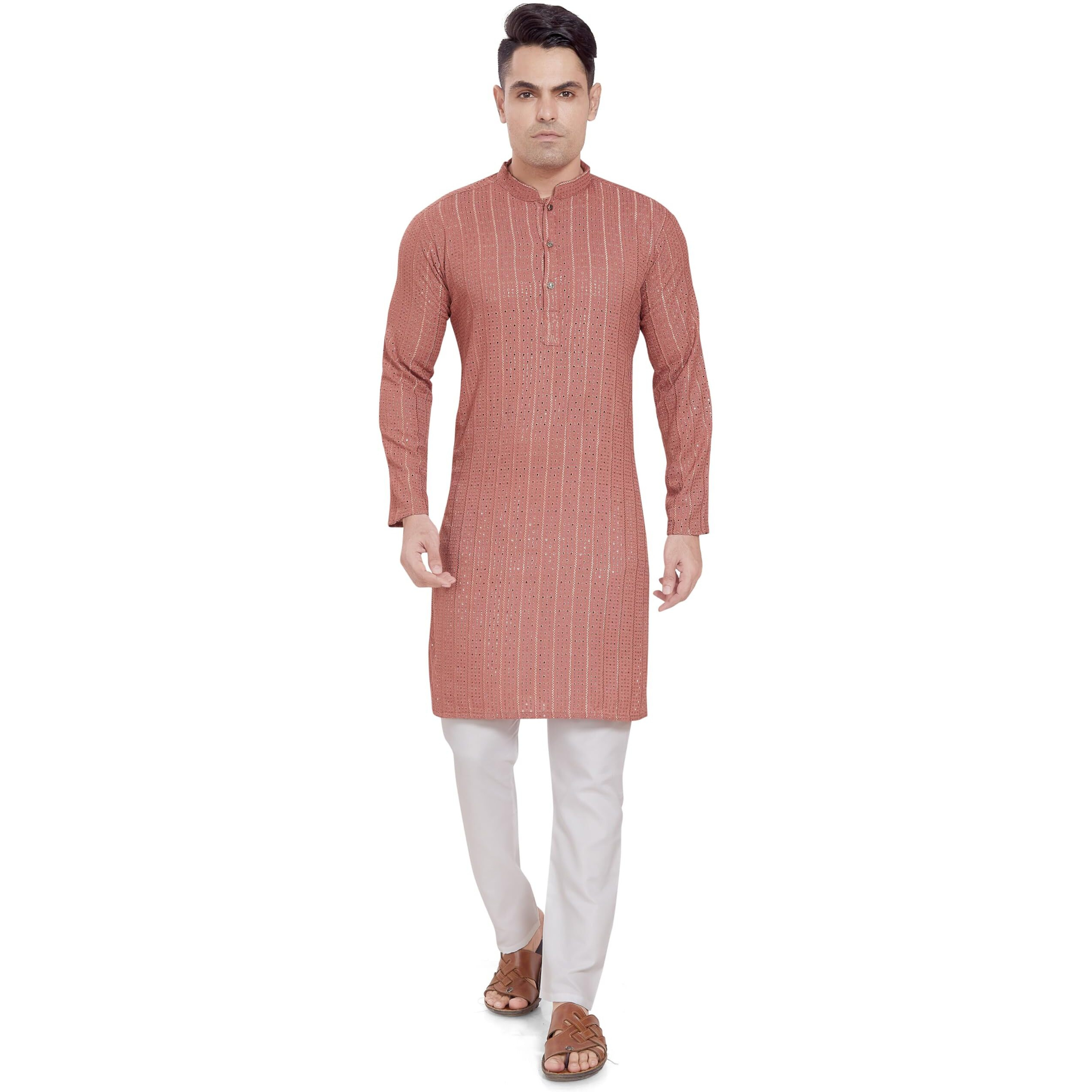 Divisive Men's Embroidered Cotton Blend Only Slim Fit Kurta (Dkrt380_Xxxl_Peach)