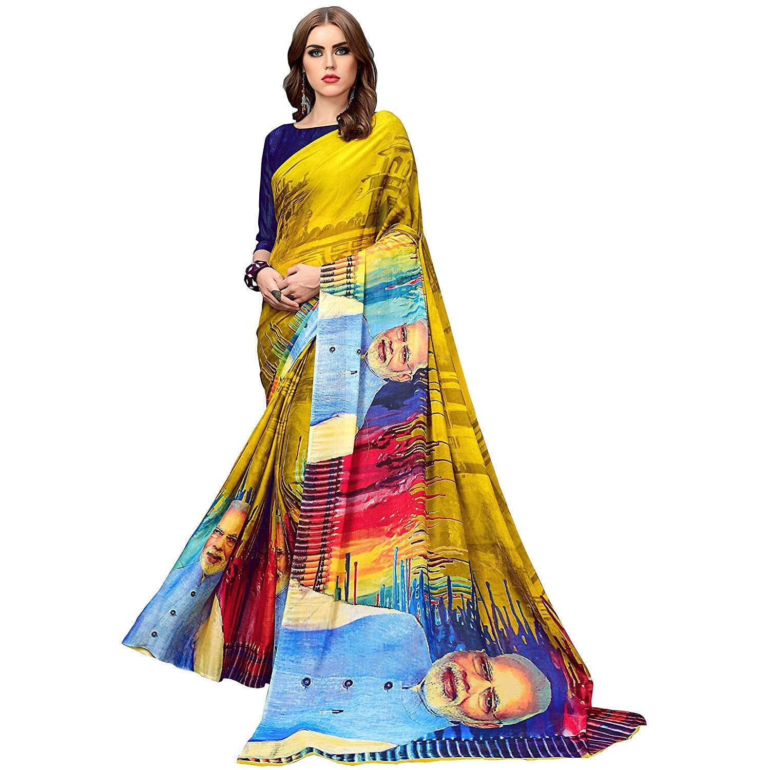 Glory Sarees Women's Plain Silk Blend (Modi_Saree_Mustard Yellow And Blue)