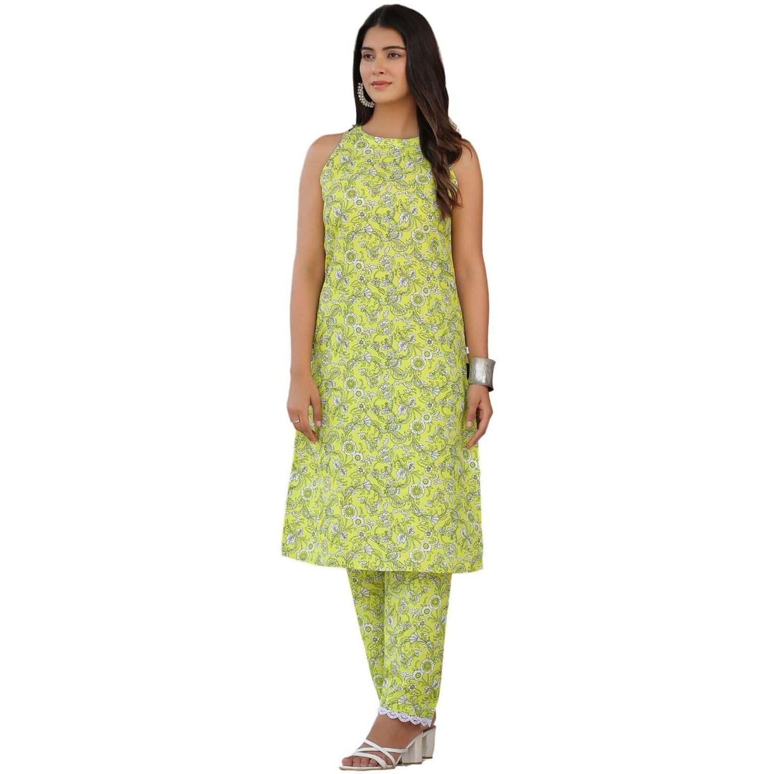 Greciilooks Women Rayon A-Line Regular Fit Kurta Set (Yellow, Large)