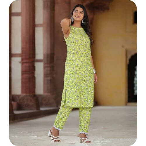 Greciilooks Women Rayon A-Line Regular Fit Kurta Set (Yellow, Large)