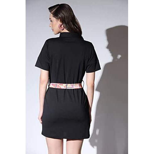 Greciilooks Weatern Dress For Women| Lycra Solid Body Con Dresses For Girls| Short Sleeve Polo Dress| Western Dress With Belt | Summer Wear | Outdoor Wear (Medium, Black)
