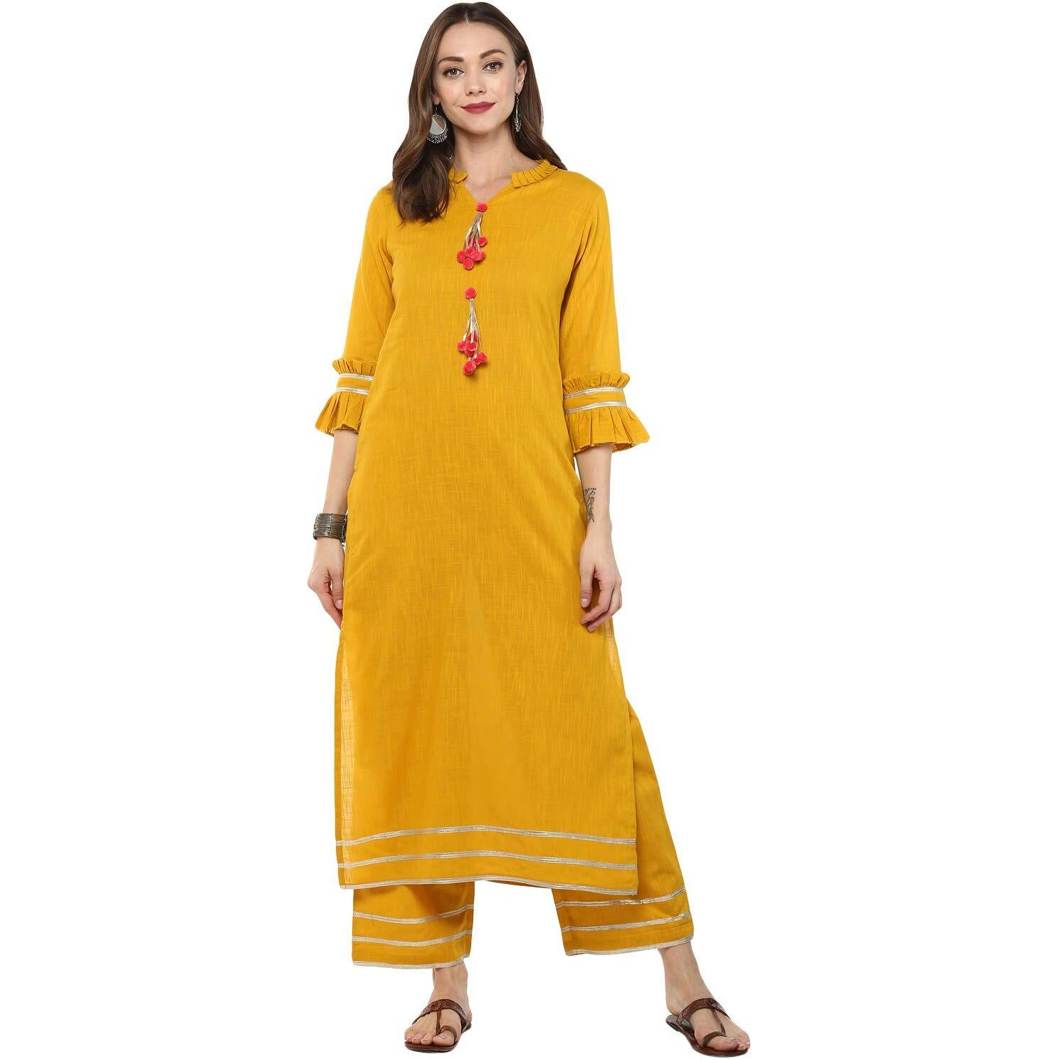 Idalia Mustard Solid Kurta With Palazzo Pants