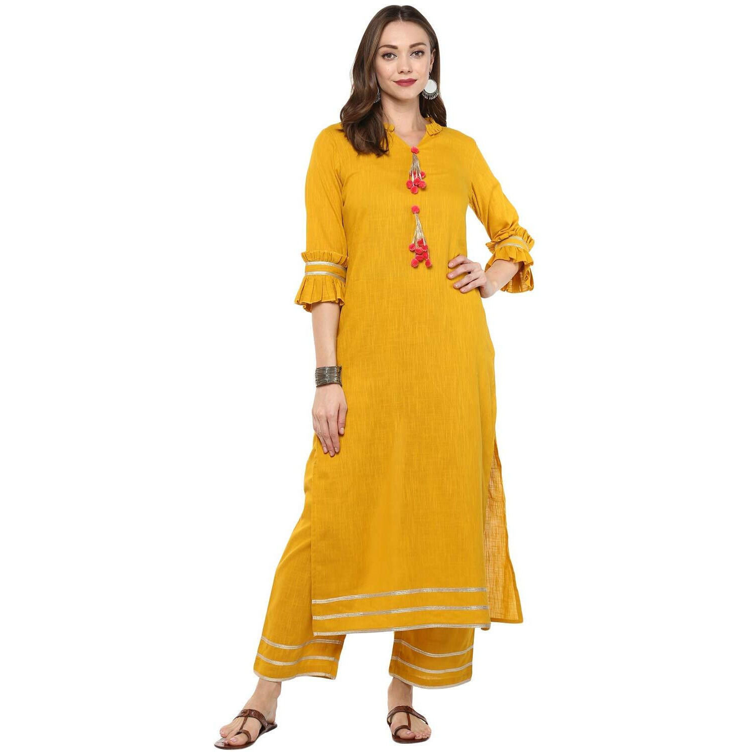 Idalia Mustard Solid Kurta With Palazzo Pants