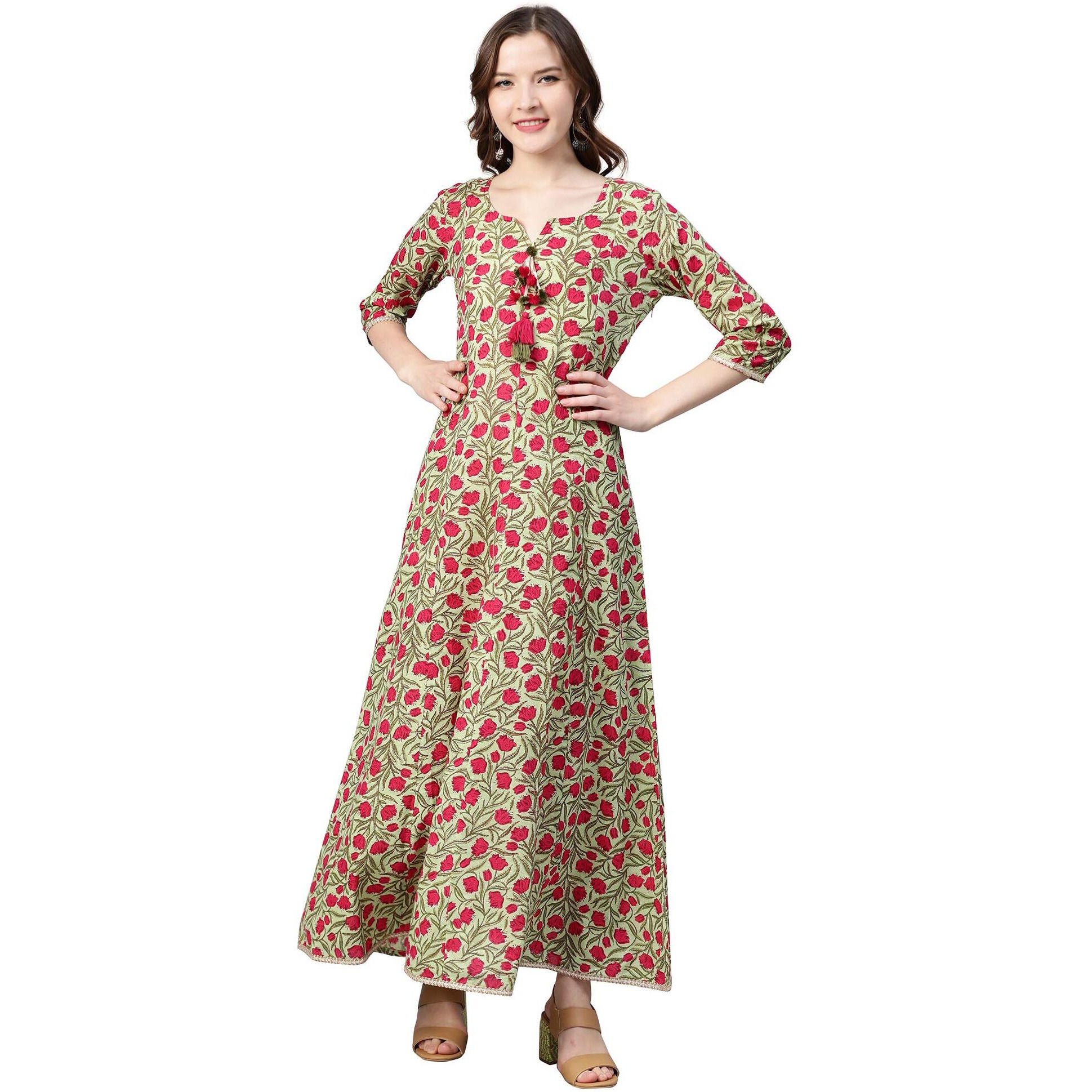 Idalia Women's Green And Pink Floral Printed Cotton Anarkali Dress