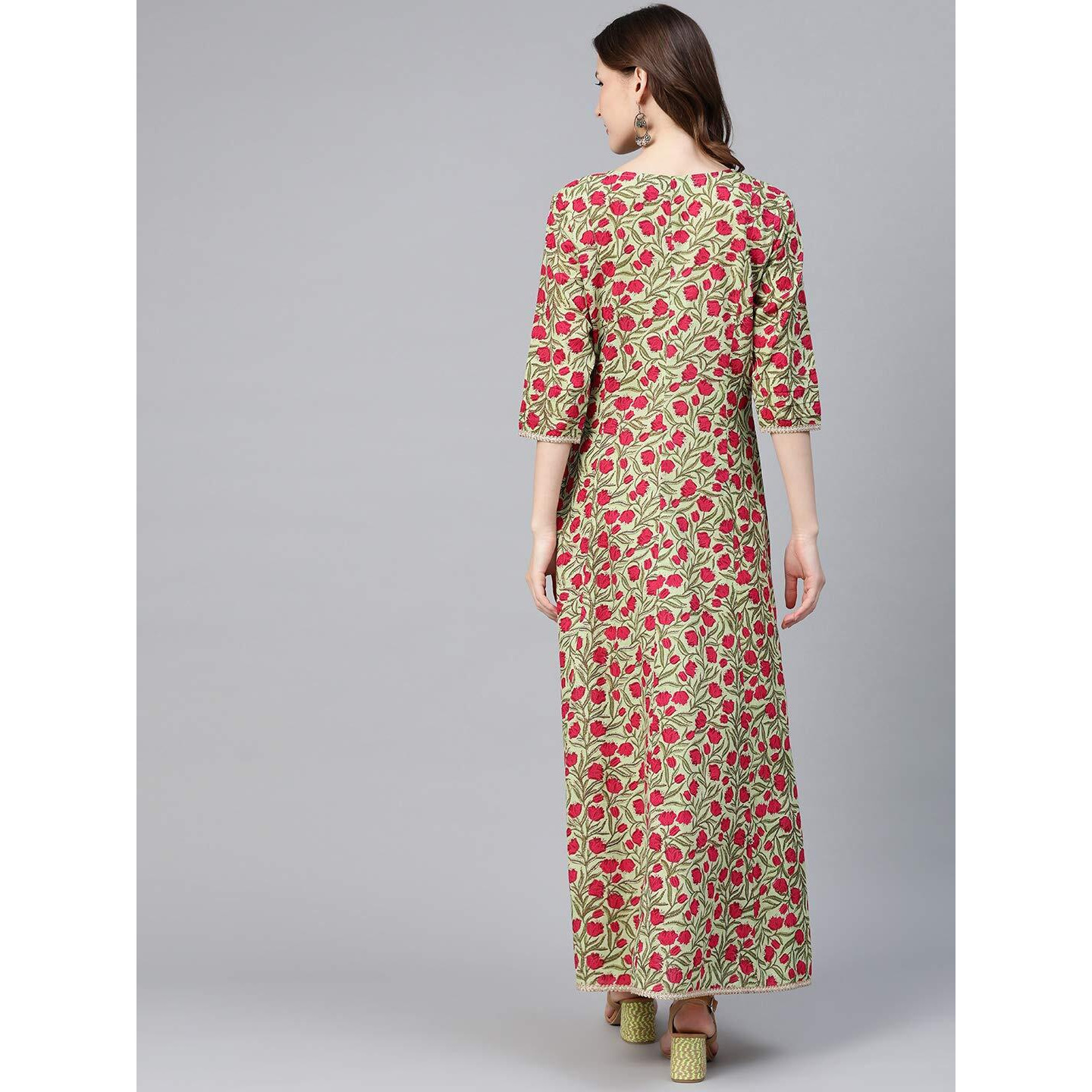 Idalia Women's Green And Pink Floral Printed Cotton Anarkali Dress