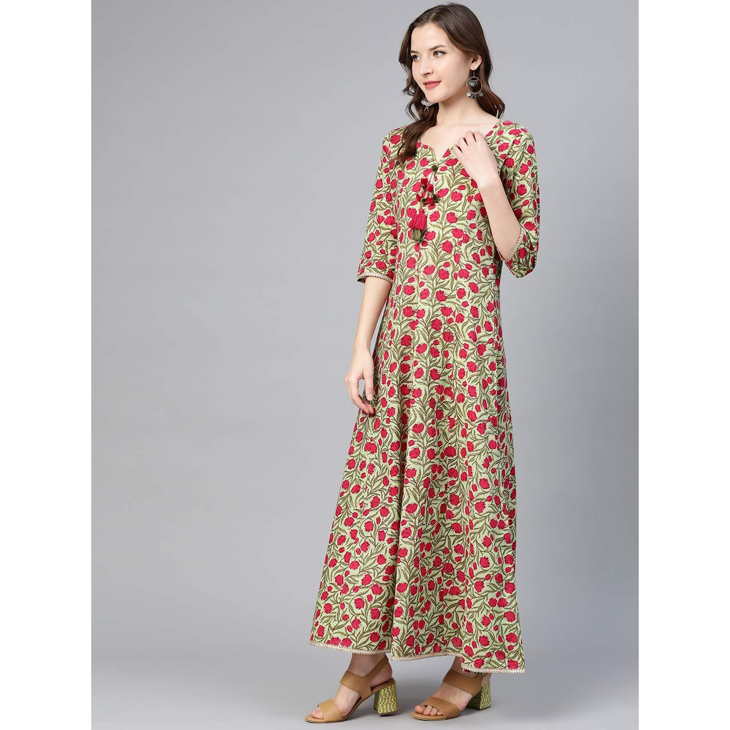 Idalia Women's Green And Pink Floral Printed Cotton Anarkali Dress