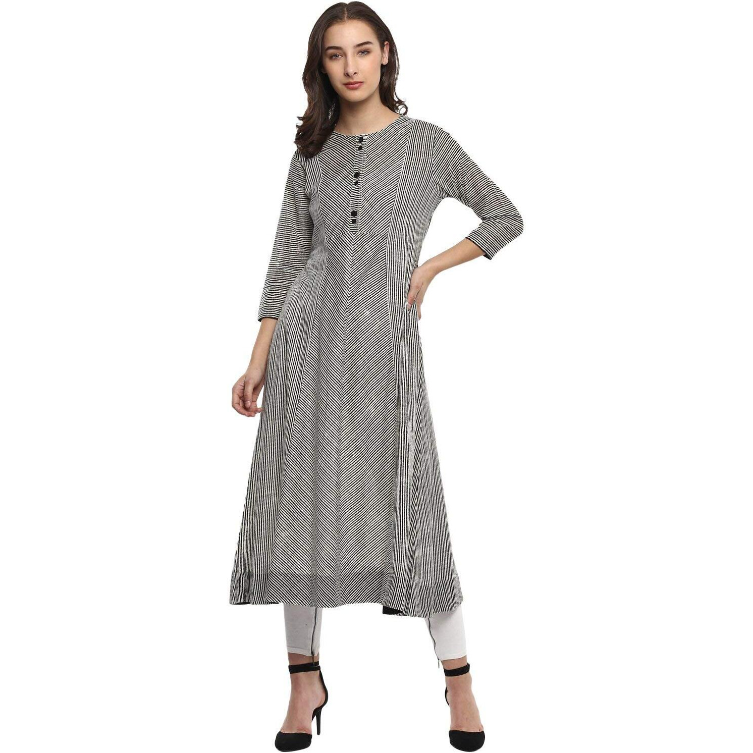 Idalia Striped 3/4 Sleeve,Round Neck Cotton Flared Kurtas For Women Black