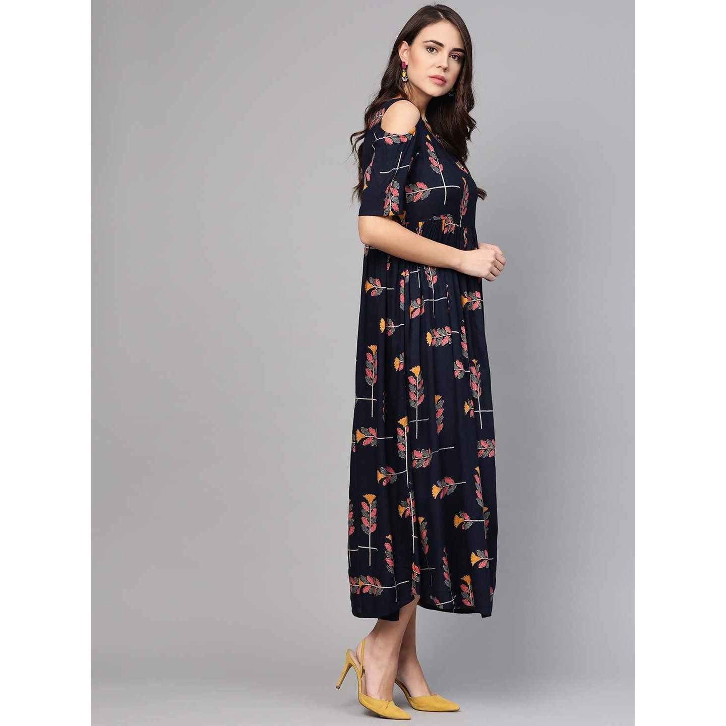 Idalia Navy Blue Printed Cold Shoulder Dress