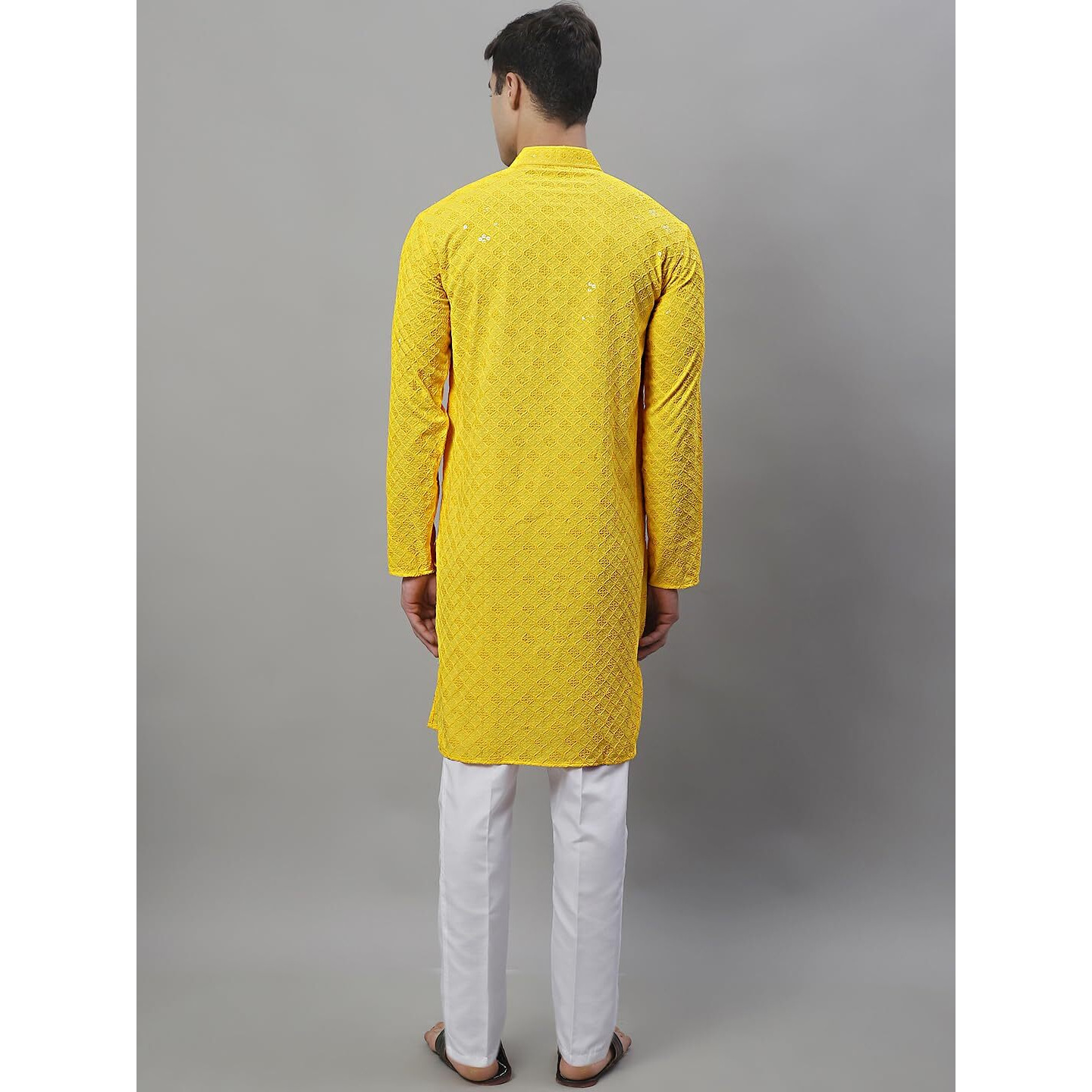 Jompers Men's Chikankari Embroidered And Sequence Kurta With Pyjama (Yellow, Xl)