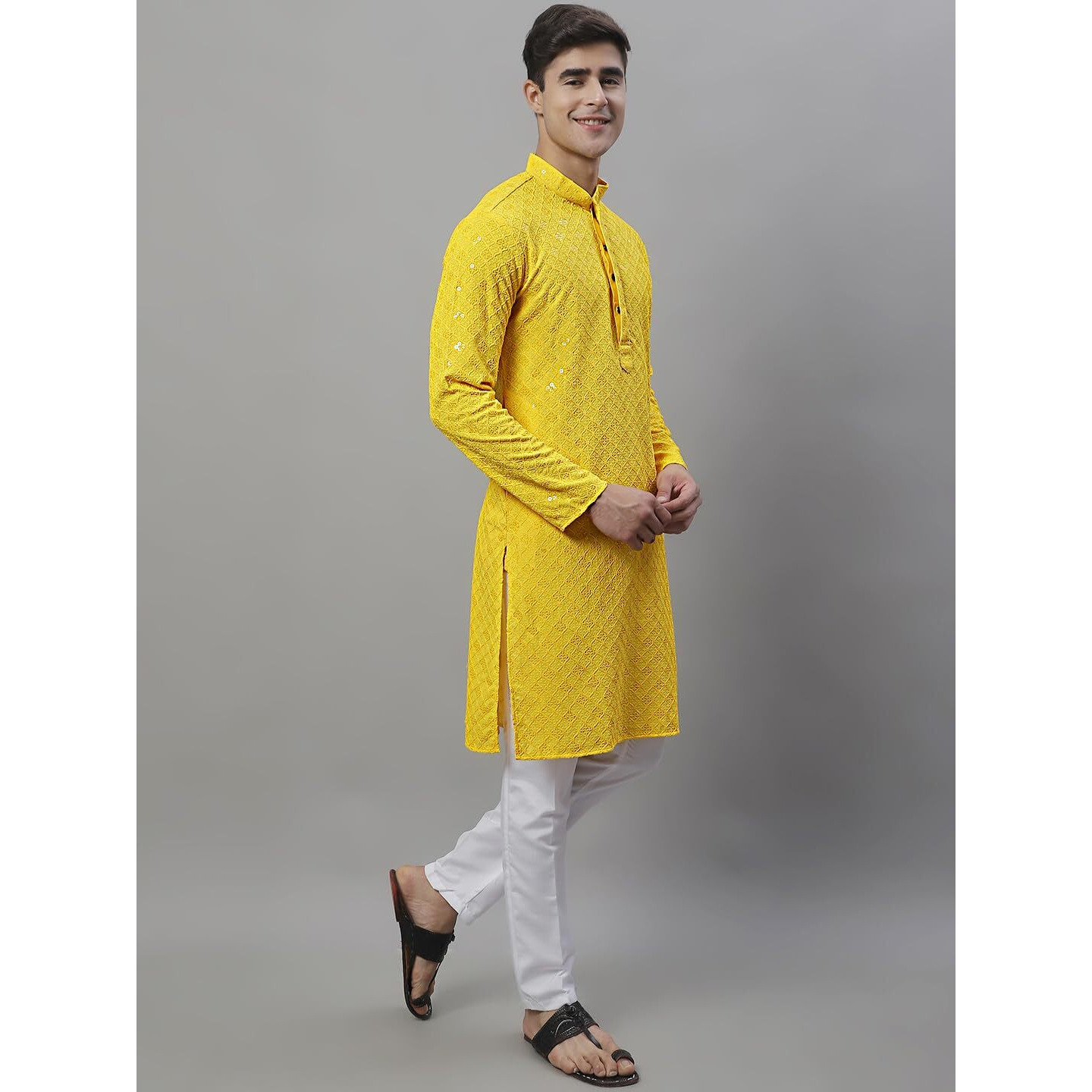 Jompers Men's Chikankari Embroidered And Sequence Kurta With Pyjama (Yellow, Xl)