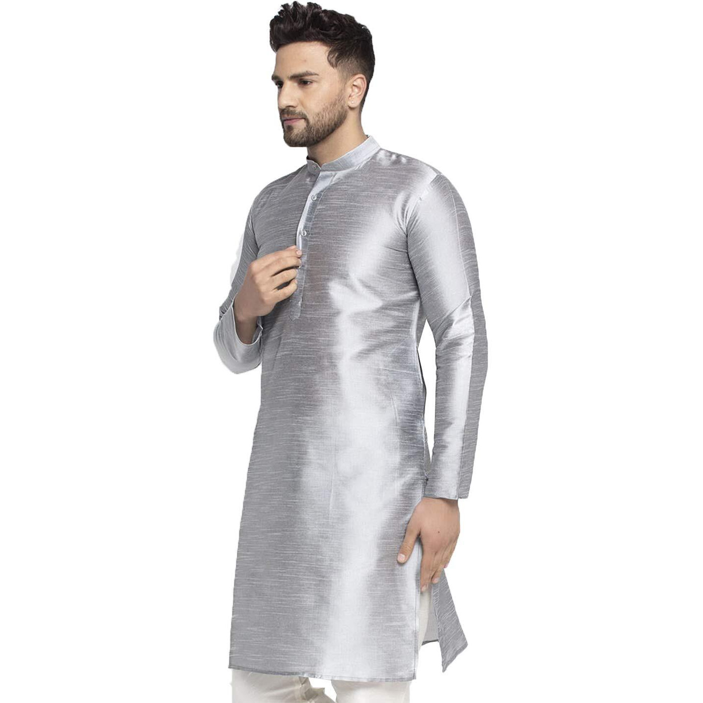 Jompers Men Solid Dupion Silk Kurta(Silver, Xxl)