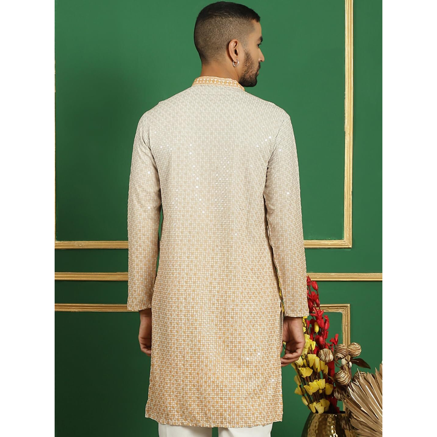 Jompers Mens Mustard Embroidered Kurtas. (Mustard, S)