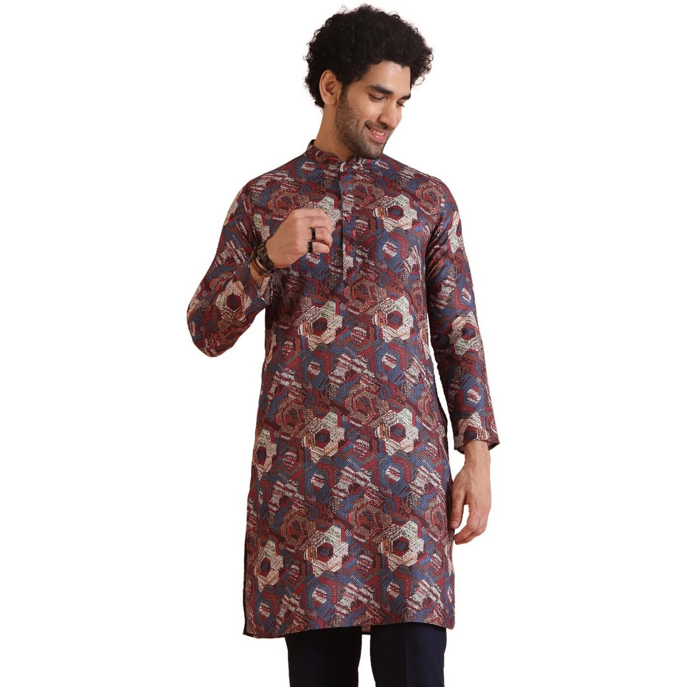 Kisah Men Berry Ethnic Motifs Printed Mandarin Collar Straight Kurta Full Sleaves, Knee Length, Straight, Regular Fit, Mandarin Collar Ethnic Wear