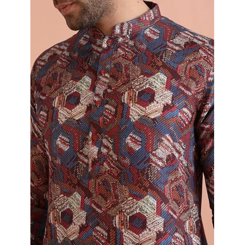 Kisah Men Berry Ethnic Motifs Printed Mandarin Collar Straight Kurta Full Sleaves, Knee Length, Straight, Regular Fit, Mandarin Collar Ethnic Wear