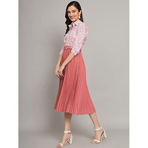 Kzully Women's Print 3/4 Sleeve Pleated Midi Dress With Belt Peach