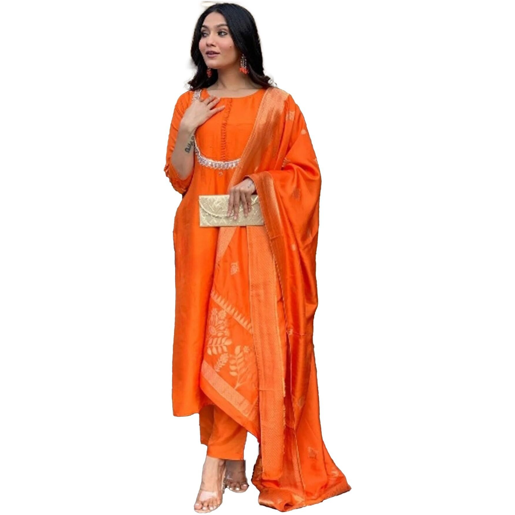 Lookmark Women's Silk Blend Kurta Pant With Jacquard Dupatta Set And Khatali Work Suitable For Every Indian Occasion (Az-Lm-Og-Ks2177 Orange-Xl)