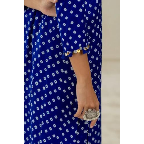 Lookmark Women's Cotton Blend Bandhej Printed Bandhani Kurta Palazzo Set With Sequence Lace (Az-Lm-Og-Ks2201 Blue-S)