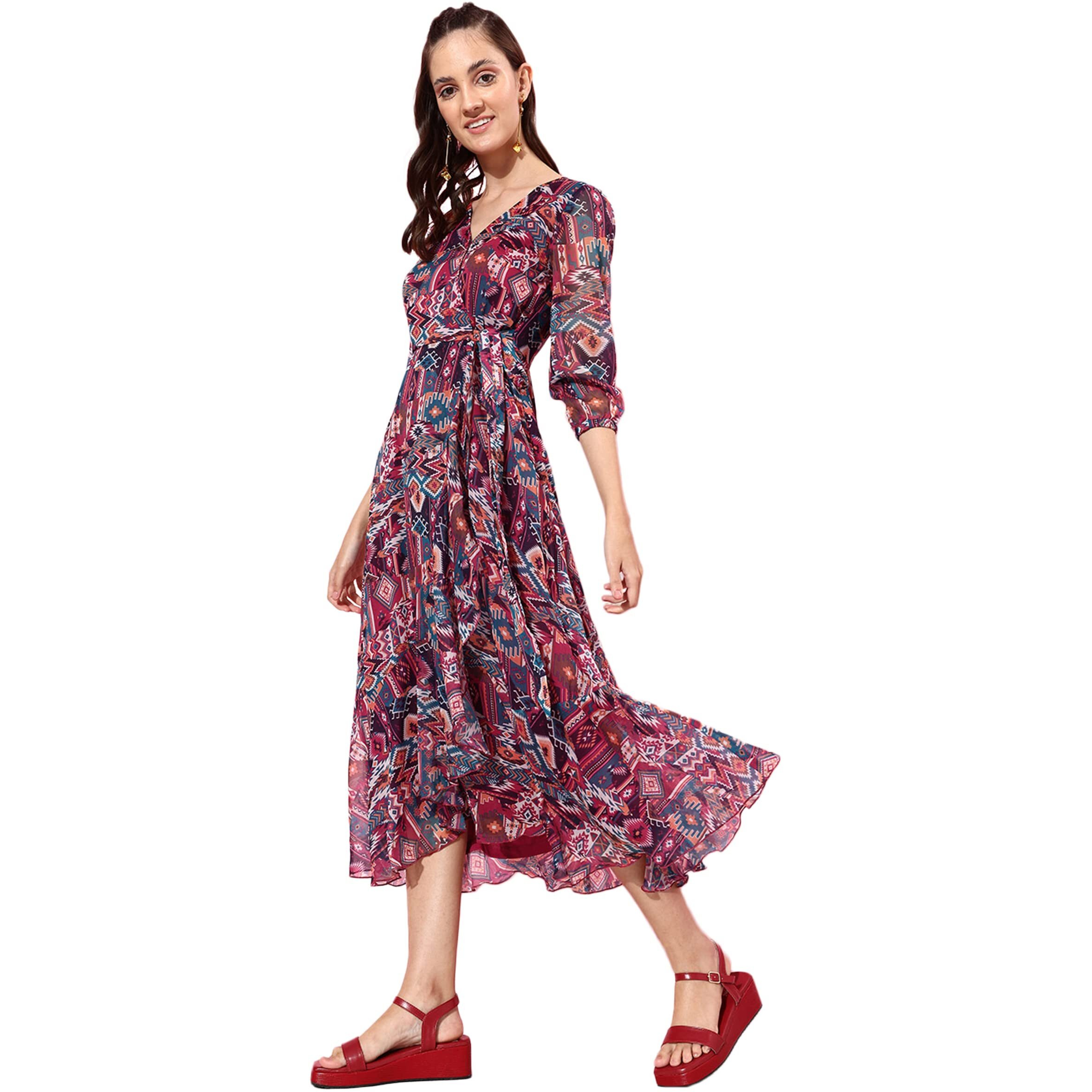 Miss Chase Women's Multicolored V-Neck Three-Quarter Sleeves Geometric Patterned Wrap Midi Chiffon Dress (Mcaw21D14-94-224-03, Multicolored, S)