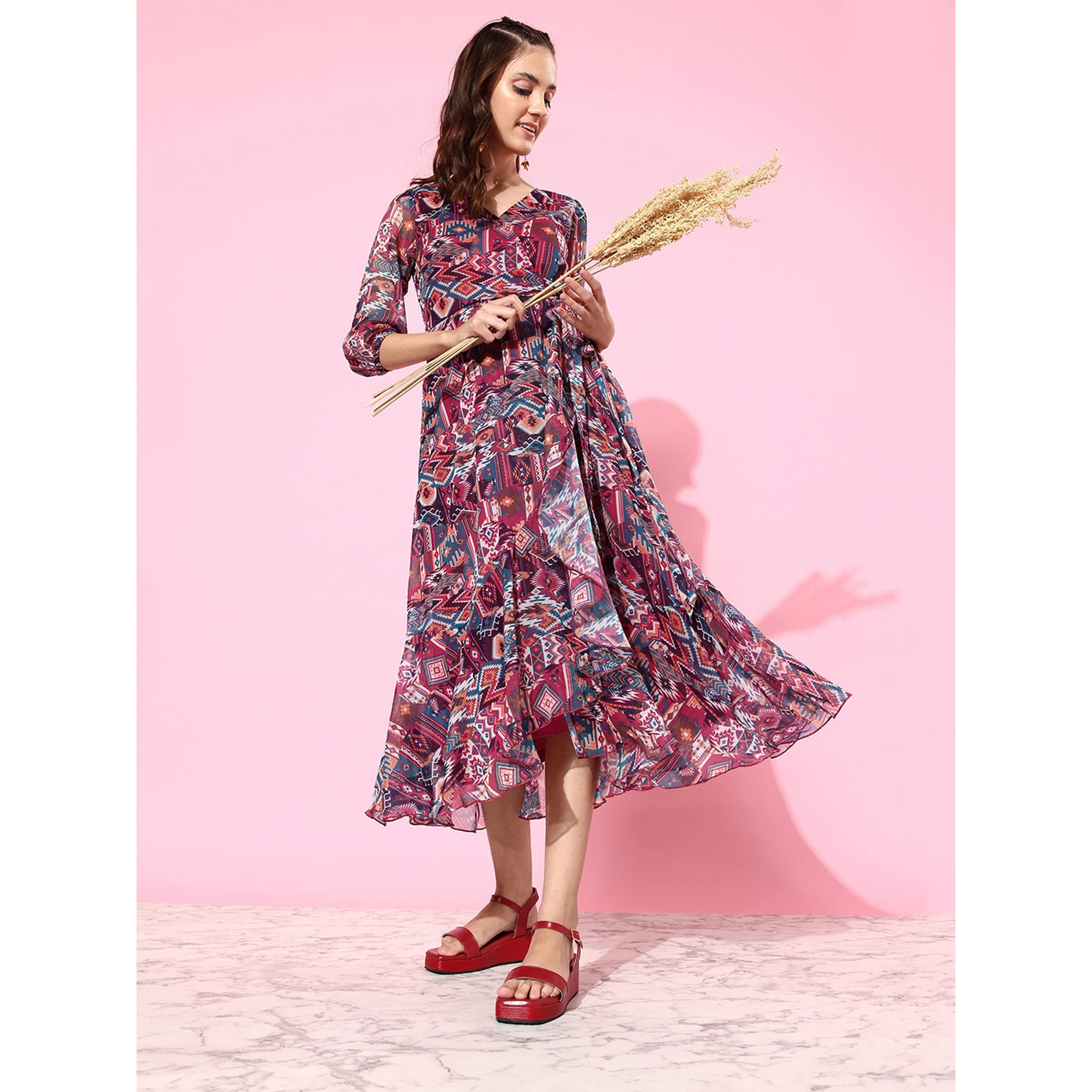 Miss Chase Women's Multicolored V-Neck Three-Quarter Sleeves Geometric Patterned Wrap Midi Chiffon Dress (Mcaw21D14-94-224-03, Multicolored, S)