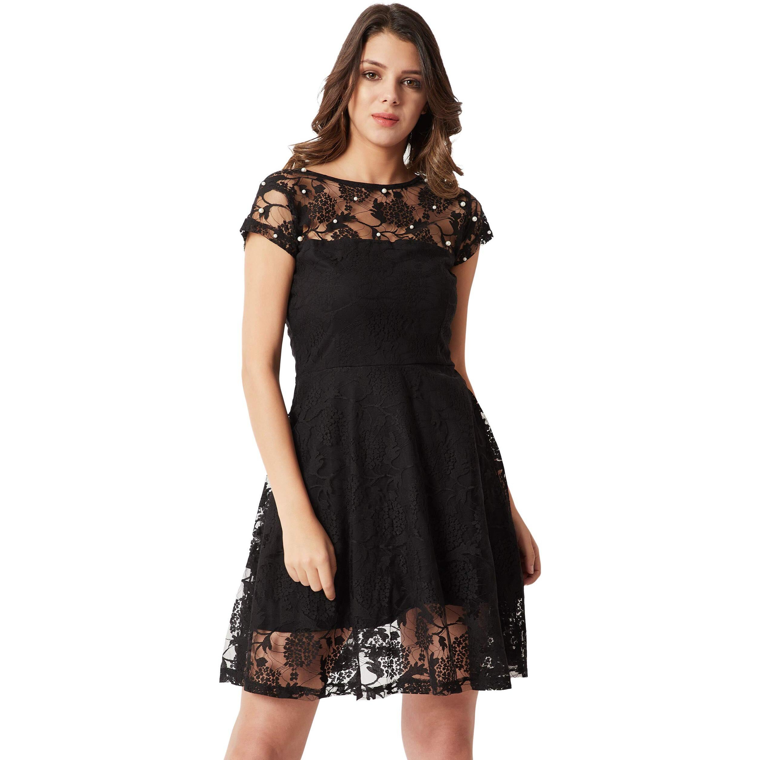 Miss Chase Women's Round Neck Cap Sleeves Lace Solid Embellished Mini Skater Dress With Zip Closure(Mcaw18D10-94-62-06, Black, X-Large)