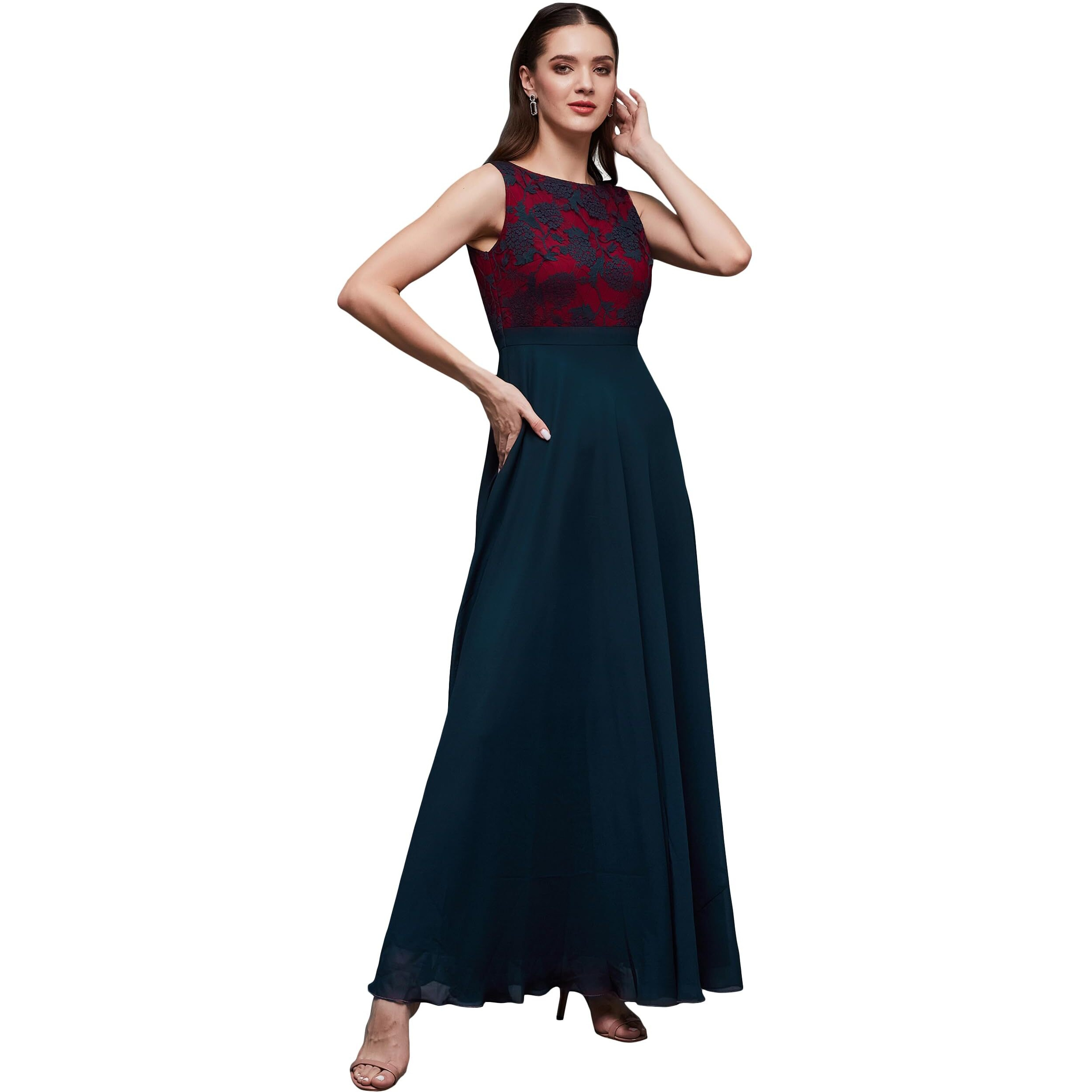 Miss Chase Women's Round Neck Sleeveless Georgette Floral Lace Fit & Flare Maxi Dress Teal