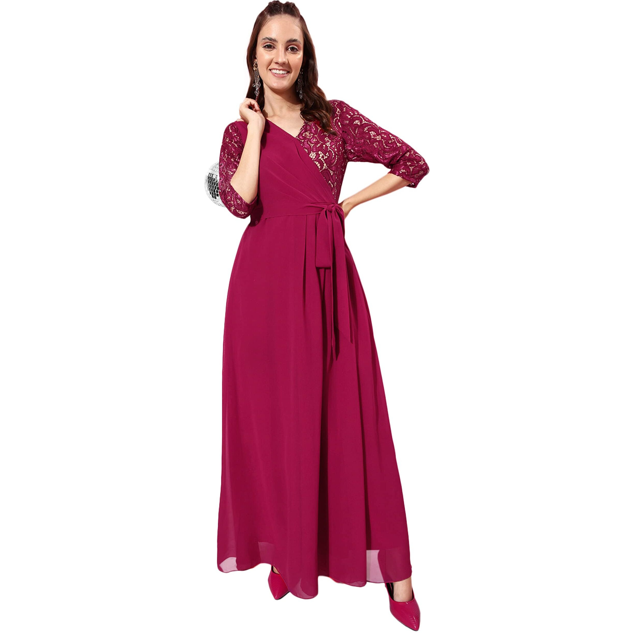 Miss Chase Women's Dark Pink V-Neck Three-Quarter Sleeve Self-Designed Wrap Maxi Georgette Dress (Mcaw22D06-53-23-03, Dark Pink, S)